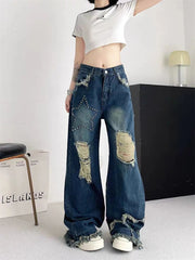 Aiertu  -  Women's Broken Hole Tassel Star Jeans Young Girl Straight Denim Trousers Vintage Street Style Bottoms Female High Waisted Pants Aiertu
