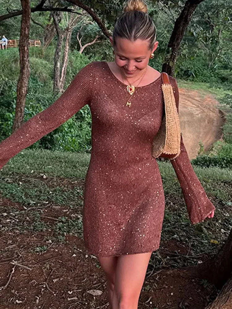 Aiertu  -  Off Shoulder Shinny Women Dresses Full Sleeve O Neck Lady Short Dress 2025 Fashion Glitter Spring Summer Beach Party Female Robe Aiertu