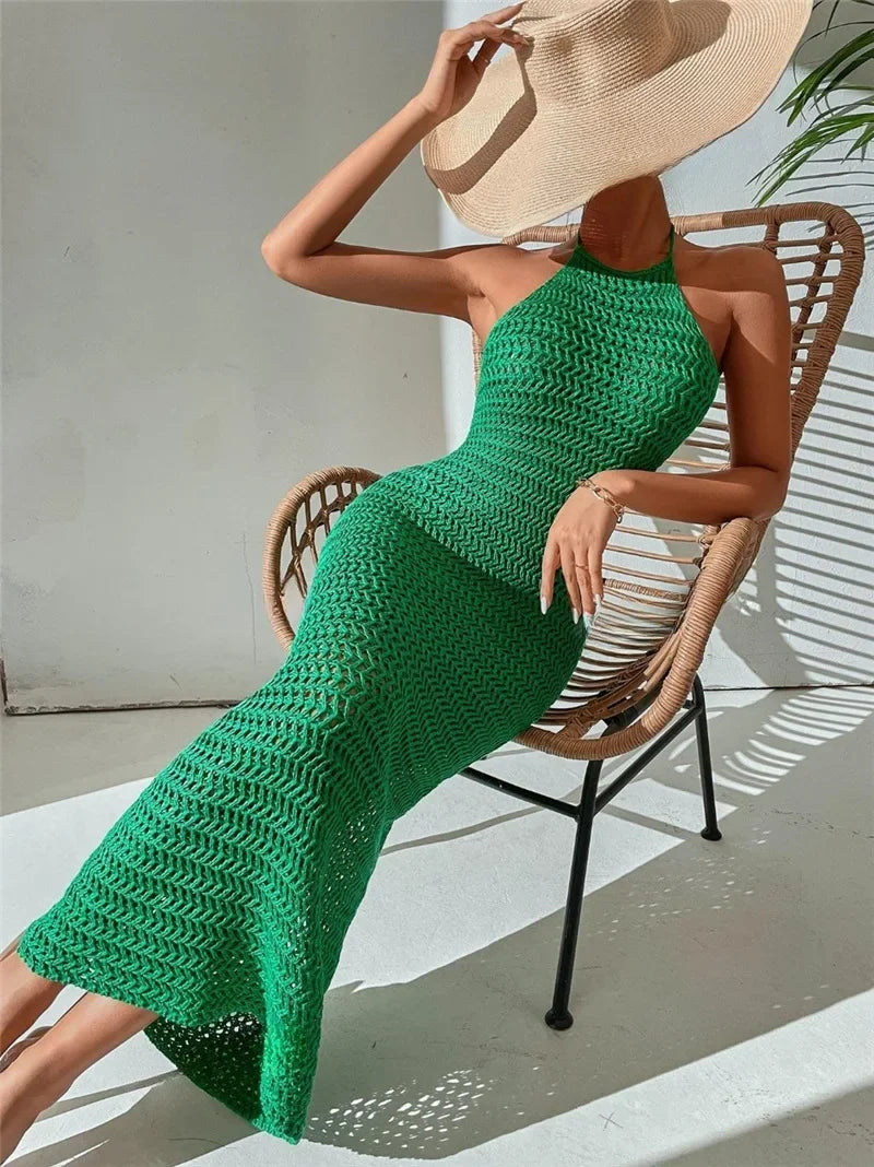 Aiertu  -  Halter Hollow Out Knit Bodycon Dress A-Line Sexy Summer Hoilday Sundress Beachwear Women Backless Maxi Dresses Chic Ladies Robe Aiertu
