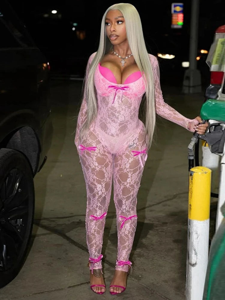 Aiertu  -  See Through Mesh Sexy Jumpsuit Women Bow Splice Long Sleeve Bodycon One Piece Hot Girl Party Sexy Club Overalls For Woman Aiertu