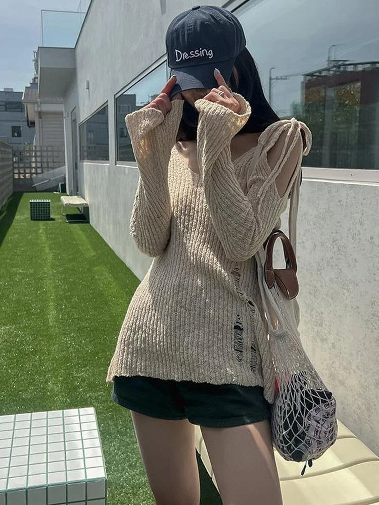 Aiertu  -  Punk Gothic Mid-long Length Knitted Tops Women 2025 Solid Hollow Out Hole Flare Sleeve Loose Y2k Streetwear Pullover Top Female Aiertu