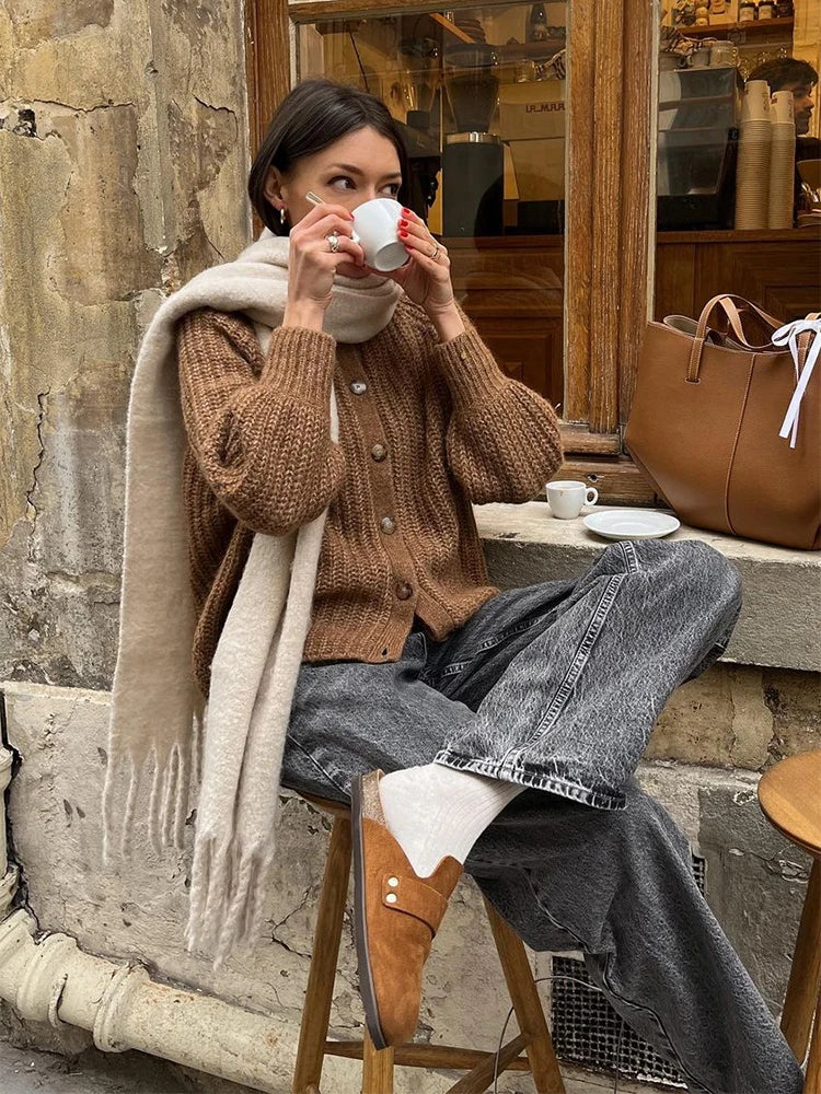 Aiertu  -  Solid All-match Sweater For Women 2023 Autumn Winter New Long Sleeve O-neck Single-breasted Cardigan Casual Fashion Female Coat Aiertu