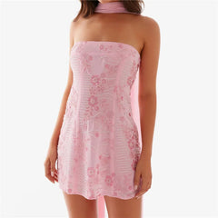 Aiertu  -  Women Sequin Strapless Mini Dress with Scarf Y2K Rhinestone Sleeveless Off Shoulder Dress Sexy Backless Club Party Dress Aiertu