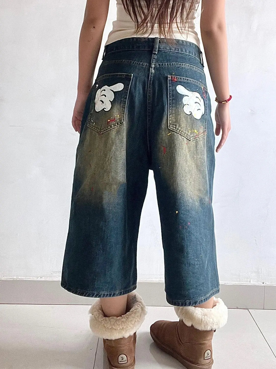 Aiertu  -  Fun Graphic Print Denim Knee Length Pants American Retro Straight Wide-leg Shorts Harajuku Style Fashion Street Loose Shorts Aiertu