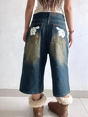 Aiertu  -  Fun Graphic Print Denim Knee Length Pants American Retro Straight Wide-leg Shorts Harajuku Style Fashion Street Loose Shorts Aiertu
