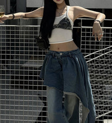Aiertu  -  Y2k Skirt Overlay Boot Cut Pants Women Asymmetrical Wide Leg Fake Two-piece Flare Jeans Tall Girl Korean Streetwear Aiertu
