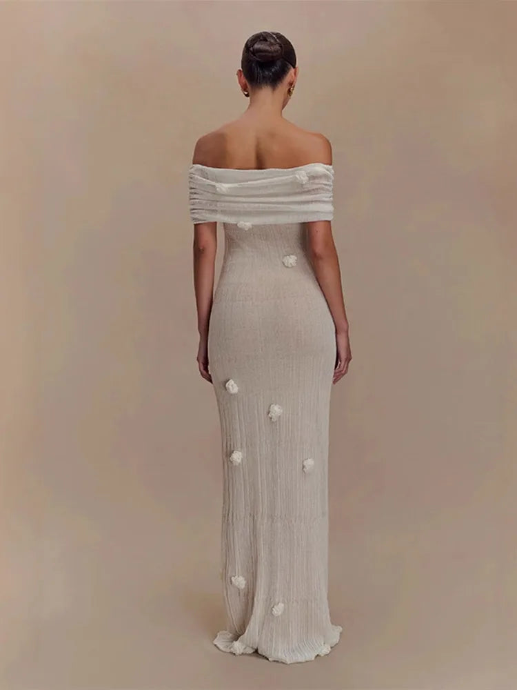 Aiertu  -  Romantic 3D Flower Gauze Dress Women Slash Neck Short Sleeves Slim Hip Package Floor-length Dresses Female 2025 Spring Summer Aiertu