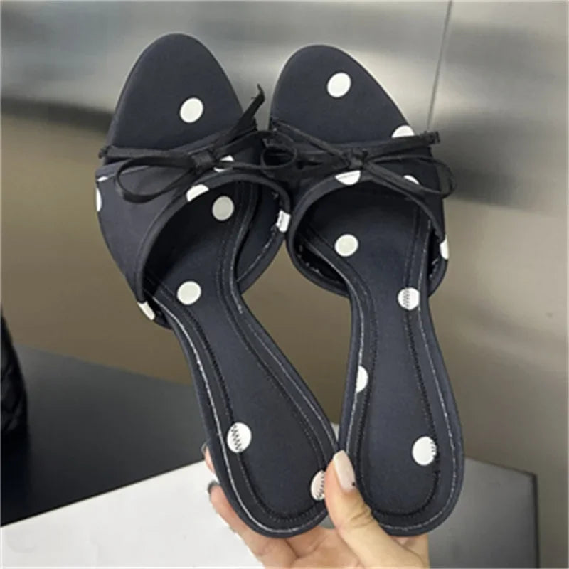 Aiertu  -   Summer Satin Polka Dot Butterfly-kont Thin Heels Women Slippers Fashion Open Toe Party Slides Shoes Aiertu