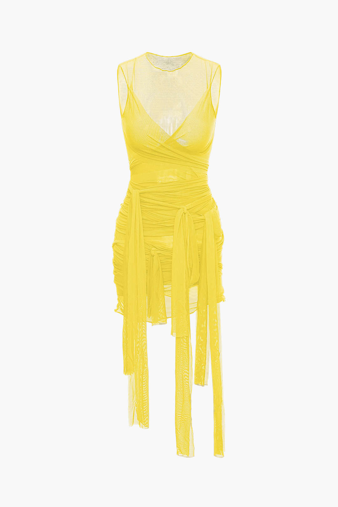 Aiertu  Sheer Mesh Wrap Tie Ribbon Mini Dress Aiertu