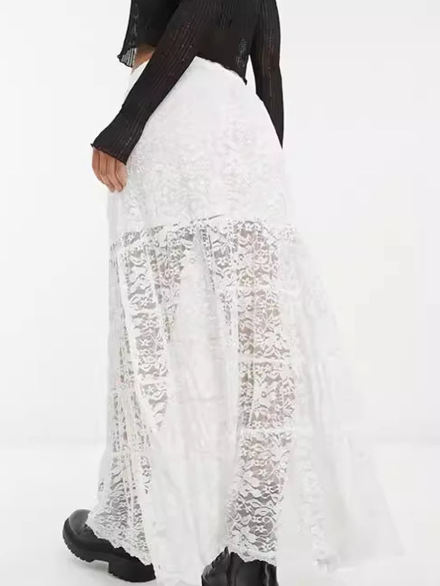 Aiertu  -  Lace Jacquard Long Skirt Women Summer Elegant Elastic Waist Sheer White Maxi Skirts Streetwear Fashion Casual Sexy A-line Skirt Aiertu