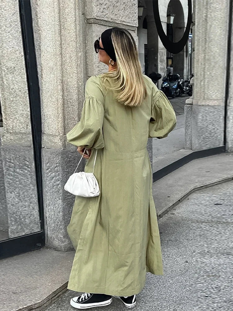 Aiertu  Loose Green Side Split Women Dress Casual Bandage Long Sleeve V Neck Female Dresses 2025 Summer Lace Up Lady Comfortable Robe Aiertu