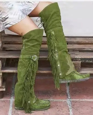Aiertu    -  Fashion Bohemia Knee-length Women Boots Ethnic Personality High Boots Tassels Faux Suede Boots Girl Flat Bottom Long Botas Mujer Aiertu