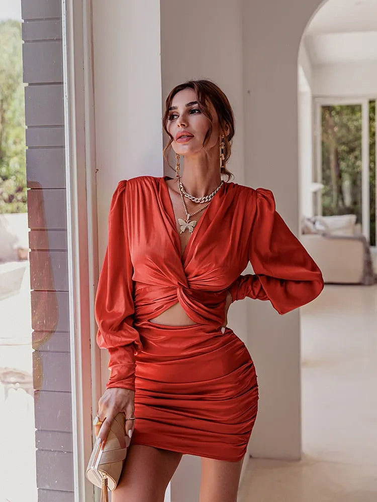 Aiertu  Sexy deep v neck bodycon dress Party club hollow out mini dress Elegant winter autumn chic lantern sleeve satin dress Aiertu