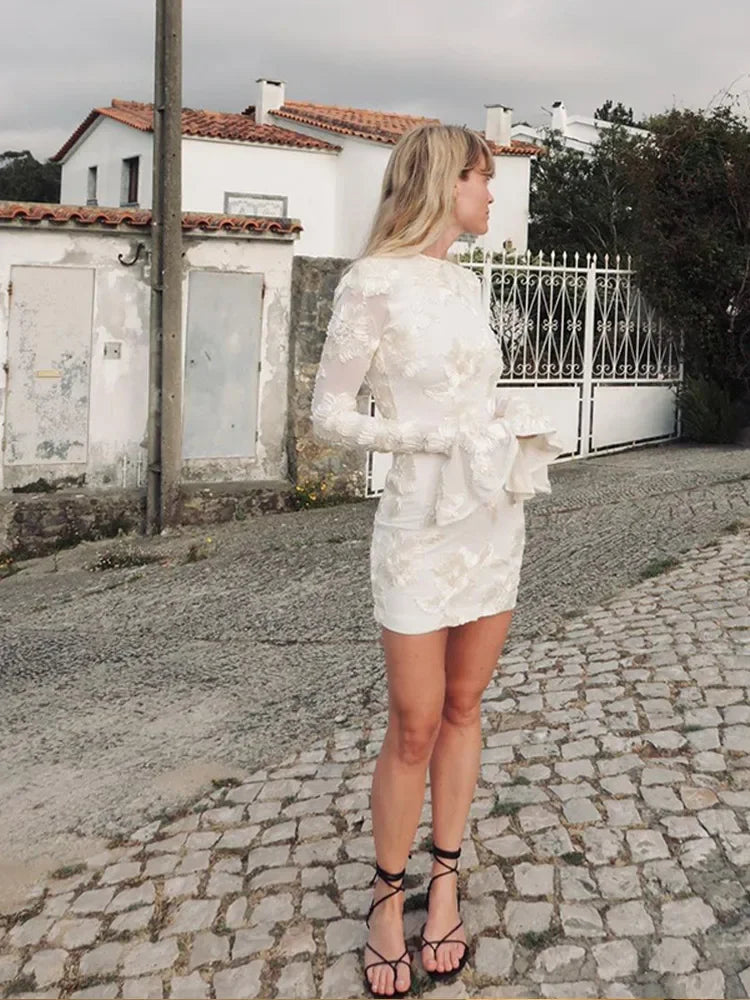 Aiertu  -  Elegant O Neck Flare Sleeves Flower Dress White Embroidery Backless Slim Fit Mini Dress 2026 New Lady Female Party Club Vestido Aiertu