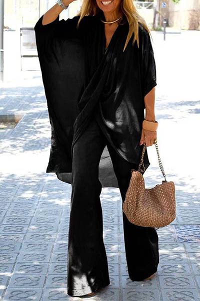Aiertu  -  Casual Solid Patchwork Fold Asymmetrical V Neck Half Sleeve Two Pieces(6 Colors) Aiertu