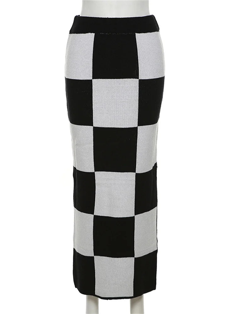 Aiertu  -  Classic Women Skirts Checkerboard Knit Side Split Skinny Vintage Fashion Wild Streetwear High Waist Maxi Straight Skirt Aiertu
