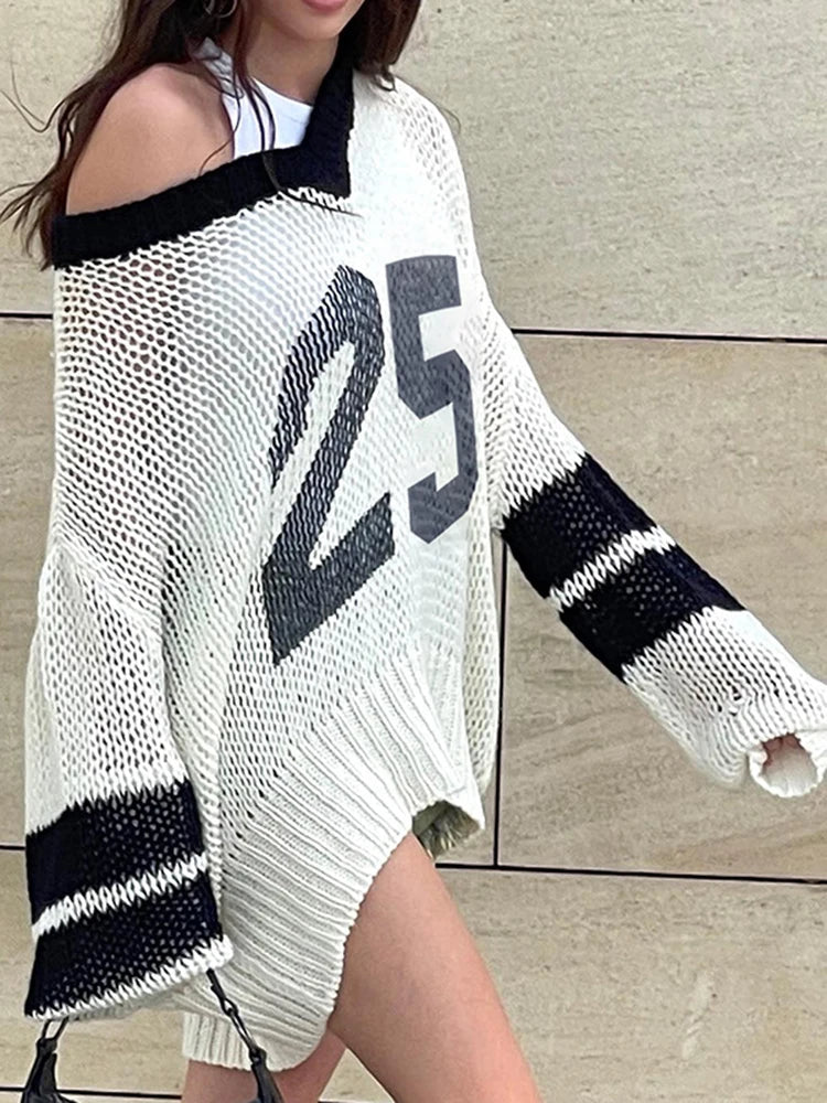Aiertu  -  Digital Print Contrast Color Pullover Sweater For Women Hollow See Through V-neck Long Sleeve Loose Casual Sports Top Aiertu