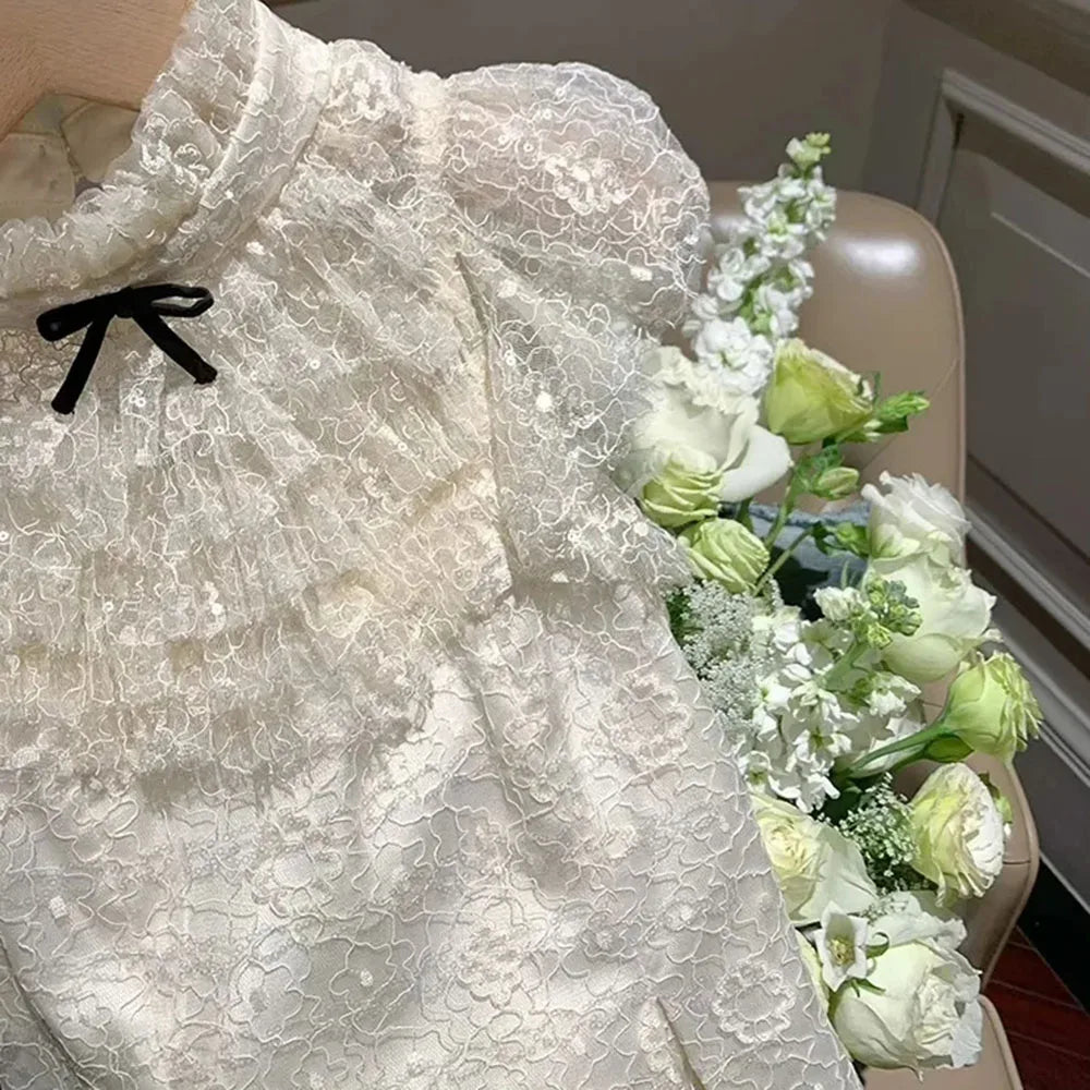 Aiertu  -  Korean Exquisite White Flying Sleeve Shirts Women Lace Kawaii Crop Tops Harajuku Preppy Style Hotsweet Girls Summer Blouse Lady Aiertu