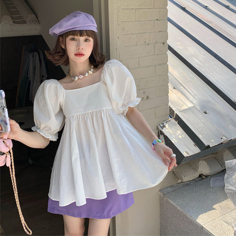 Aiertu Sweet Shirts Women Slash Neck Bandage Puff Sleeve Blouses Summer Korean Cute Off Shoulder Square Collar Loose Casual Tops Aiertu