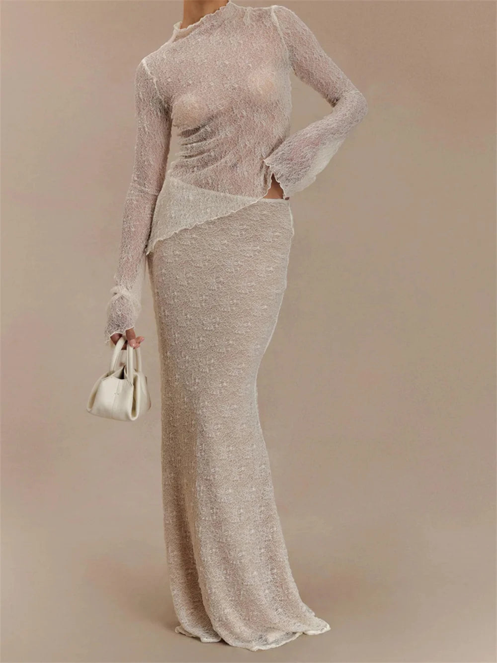 Aiertu  -  Sexy Lace See Through Long Skirt 2 Piece Set Women Solid Half High Collar Long Sleeve Slim Top and Floor Length Skirt Outfit Aiertu