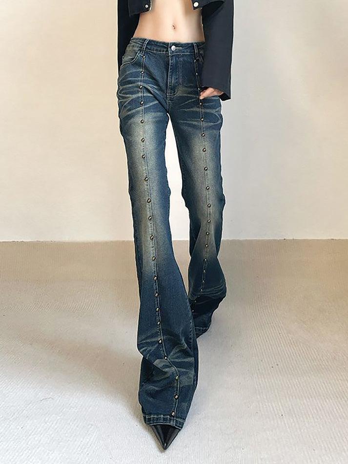 Aiertu  Low Rise Studded Slim-Fit Washed Boot-Cut Jeans Aiertu