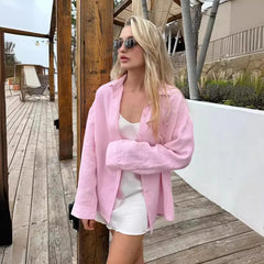 Aiertu  -  Commuter Casual 100% Cotton Women Shirts Solid Loose Lapel Long-sleeved Shirt With Button Simple Top Ladies Clothes Streetwear Aiertu