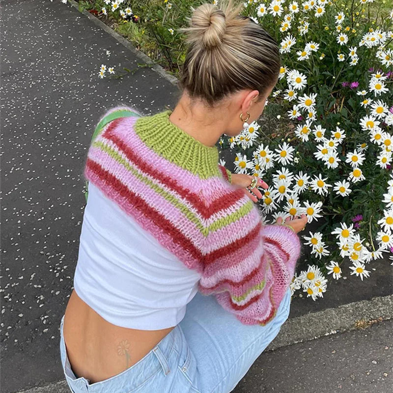Aiertu     -  Fall Outfits 2026 Color Striped Cropped Sweater Women Spring Autumn O Neck Long Sleeve Jumper Tops 2026 New Streetwear Fashion Knitted Cover-ups Aiertu