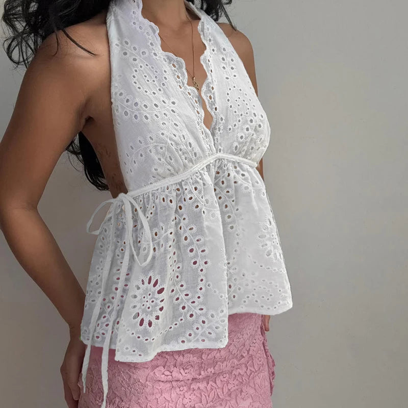 Aiertu  -  Y2K Aesthetics Jacquard Hollow Camis Women Summer Backless Vacation Halter Tops Lace Patchowork Hottie Clothes Trend Aiertu