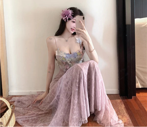 Aiertu  Mauve Flower-Applique Coquette Fairy Dress Aiertu