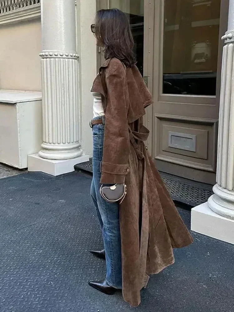 Aiertu  -  Female Retro Jacket Elegant Brown Belted Waist Long Coat Double Breasted High Street Autumn Fashion Full Sleeve Outwear Aiertu
