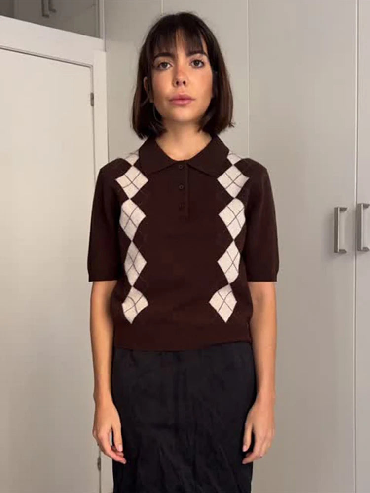 Aiertu  -  Knit Short-Sleeved Sweater Lapel Pullover Fashion Slimming Knitwear Casual Minimalism Warm Short Shirt Women T-Shirt Aiertu