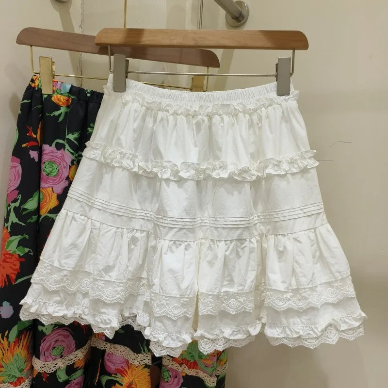 Aiertu  -  Lace Trim Fungus Mini Skirt Women Summer Elastic Waist White Ruffle A-line Faldas Korean Fashion Casual Simple Skirts 2025 New Aiertu
