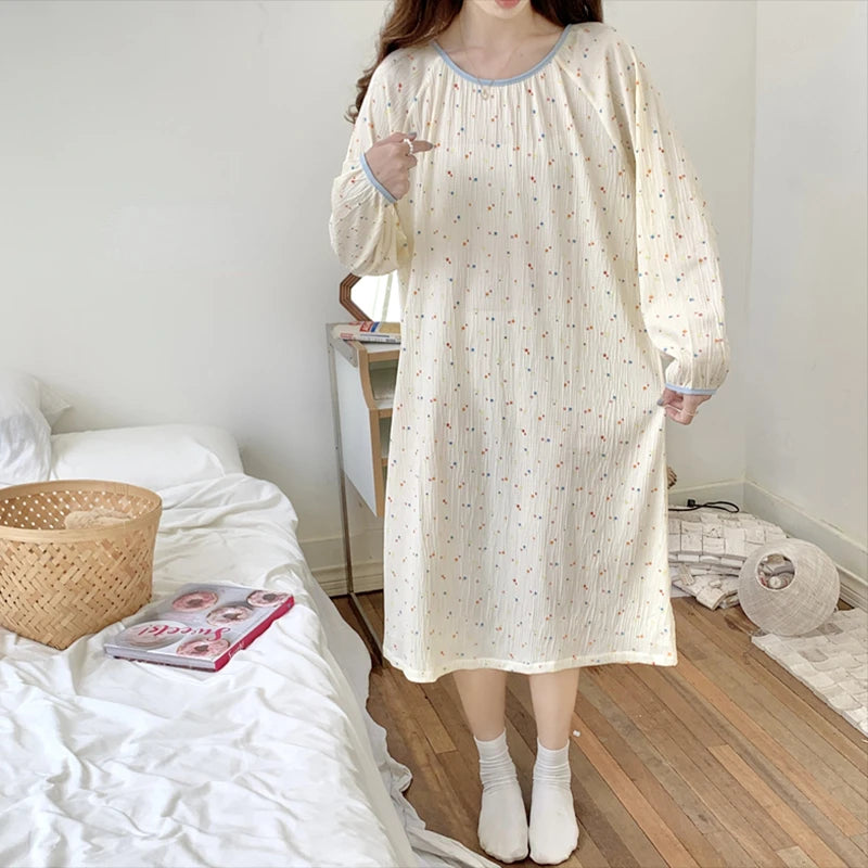 Aiertu Long Sleeve Nightgowns Women Floral Bow Temper Autumn Home Cozy Aesthetic O-neck Prairie Chic All-match Sleepwear Korean Style Aiertu