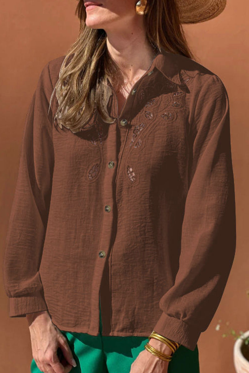 Aiertu  -Casual Hollow Out Turndown Collar Blouses(4 Colors) aiertu