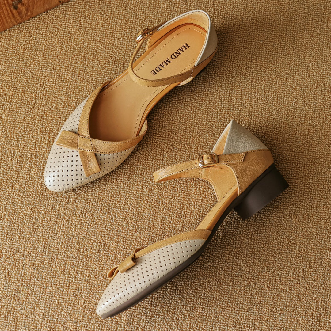 Aiertu  -  Plus size 34-41 women's sheepskin hollow-out mix color patchwork ankle strap flats sandals round toe elegant ladies daily shoes Aiertu