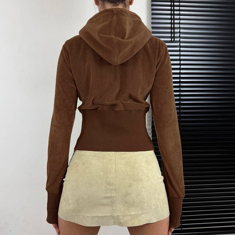 Aiertu  -  Vintage Faux Suede Velvet Slim Jacket Brown Casual Zipper Coat Y2K Streetwear Hooded Outwear Fashion Winter Outfits Aiertu