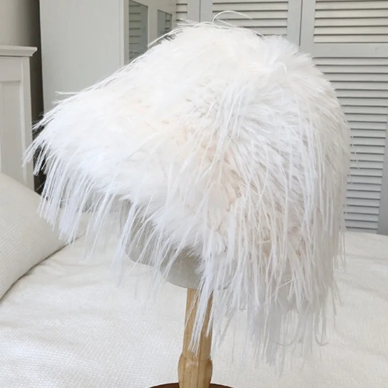 Aiertu  -  Luxury Plush Faux Fur Bucket Hats For Women Fashion Winter Ostrich Feather Female Thicken Warm Fisherman Caps Party Panama Bob Aiertu