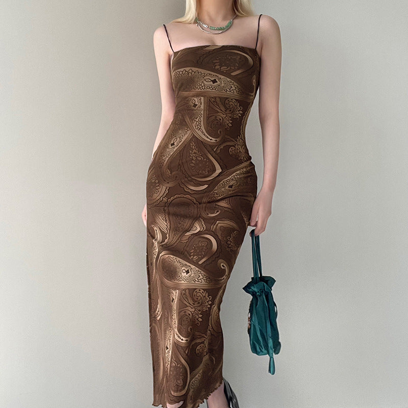 Aiertu - Retro Print Backless Strap Sexy Sling Maxi Dress Aiertu