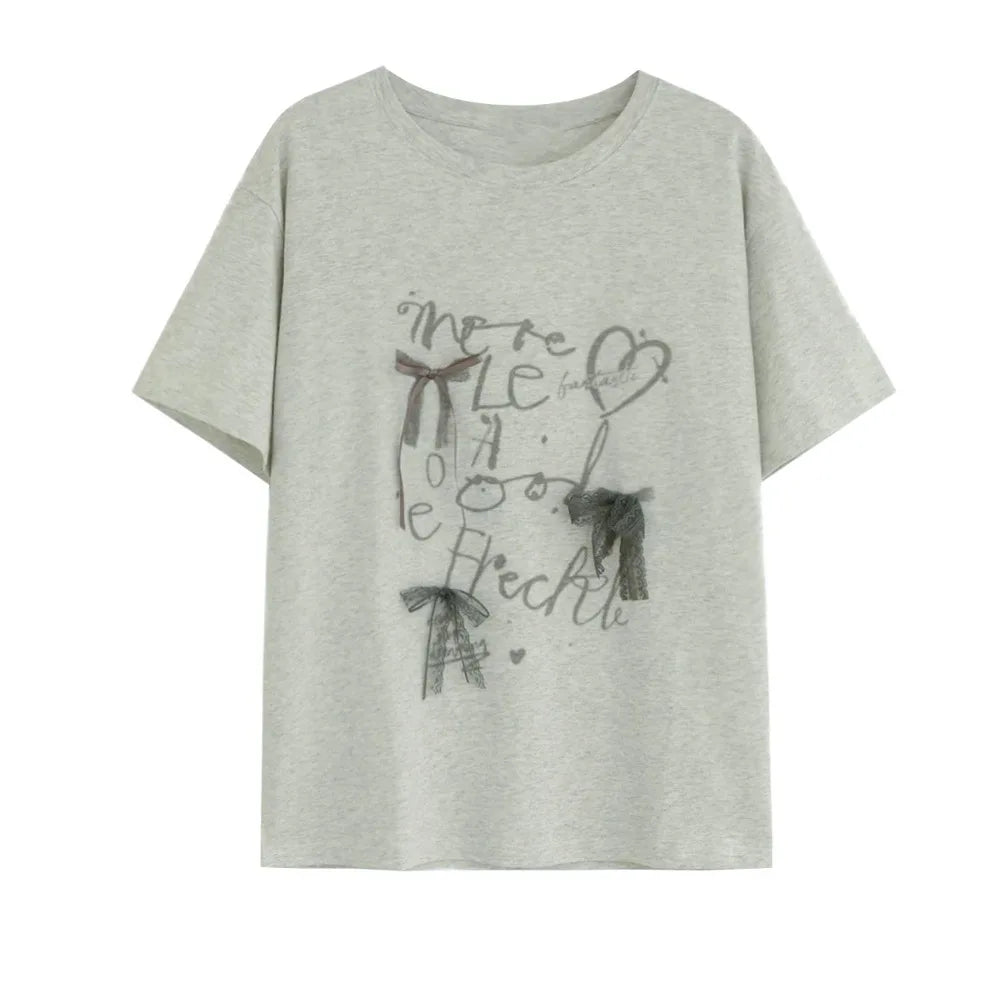 Aiertu  -  Summer new Korean loose letter printing lace bow decoration loose round neck short-sleeved T-shirt Aiertu