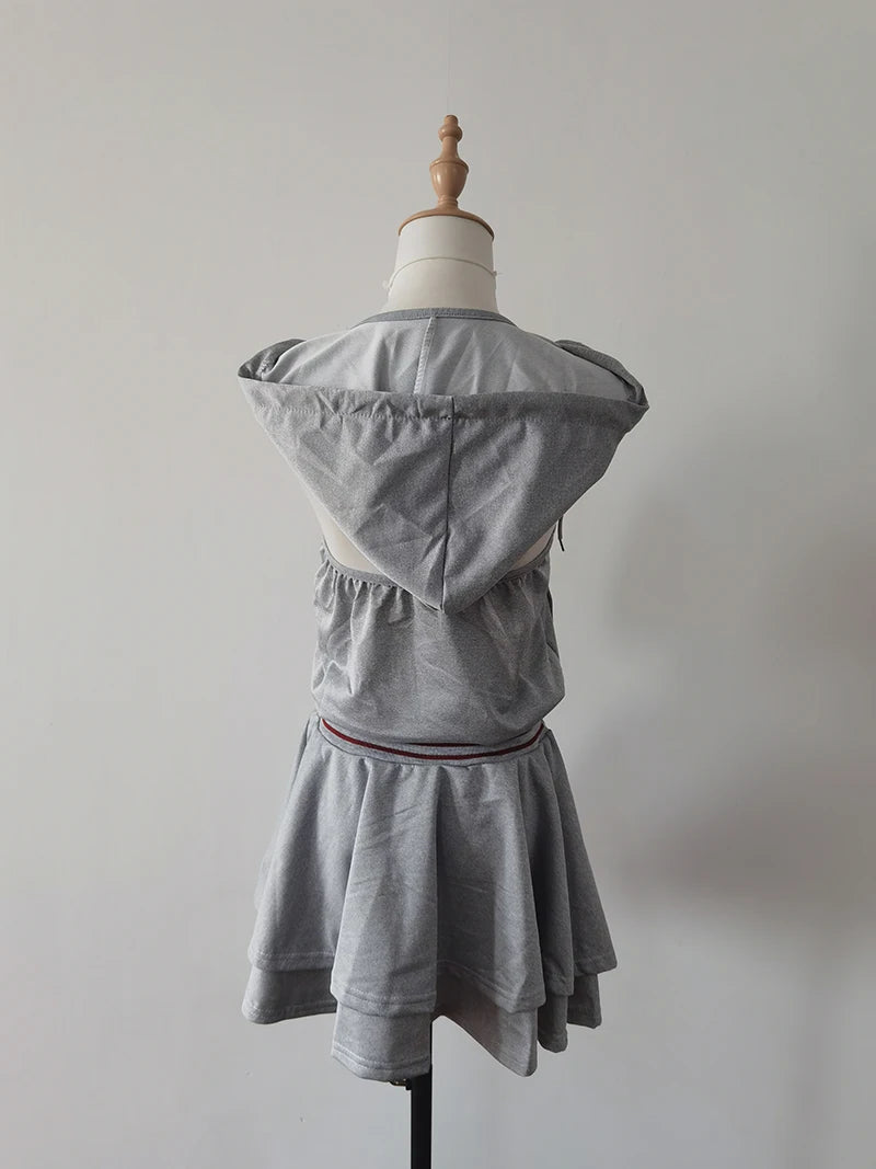 Aiertu  -  Sweet Hot Girl Casual Suit Women's Summer Gray Printed Zipper Hooded Vest High Waist Skirt Two-piece Set Fashion Female Clothes Aiertu
