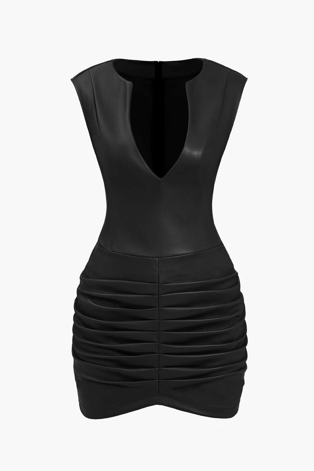 Aiertu  Ruched Faux Leather V-Neck Bodycon Mini Dress Aiertu
