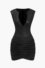 Aiertu  Ruched Faux Leather V-Neck Bodycon Mini Dress Aiertu