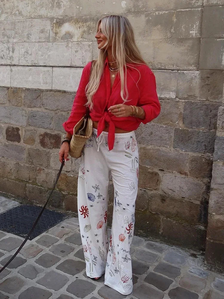 Aiertu  -  Autumn Embroidery Women Cotton Long Pants Drawstring Casual Wide Leg White Trousers 2026 Boho Marine Organism Pants Aiertu
