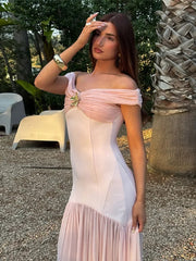 Aiertu  -  Elegant Slash Neck Pleated Mesh Patchwork Dress Women Fold Sleeveless Backless Chic Summer 2025 Robe Slim Sexy Party Dresses Aiertu