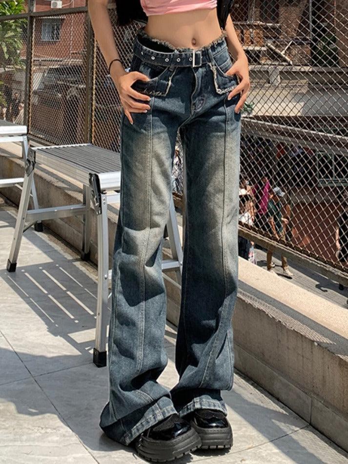 Aiertu  Distressed Burr Waist Buckle Design Boyfriend Jeans Aiertu