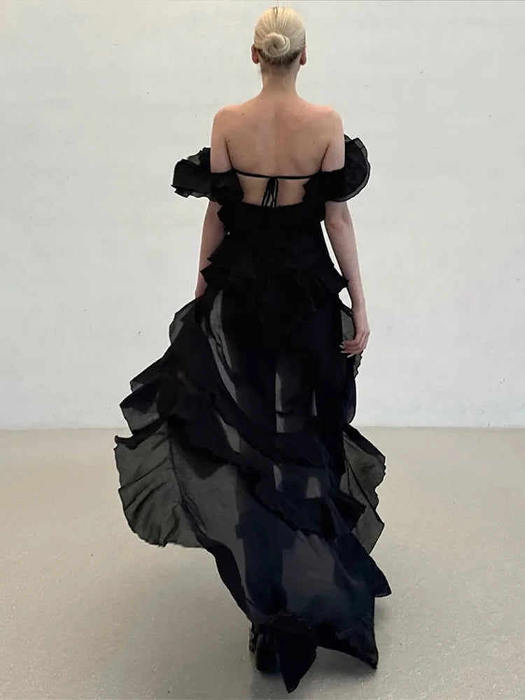 Aiertu  -  Chic Ruffle Backless Dress Women Slash Neck Sleeveless Lace Up Irregular Hem Floor-length Dresses Female 2025 Spring Lady Robe Aiertu
