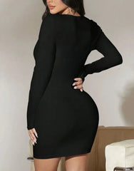Aiertu Big Round Neck Slim Autumn and Winter Korean Version of Long Sleeve Dress Retro Bag Hip Skirt Female Temperament a Word Dress Aiertu