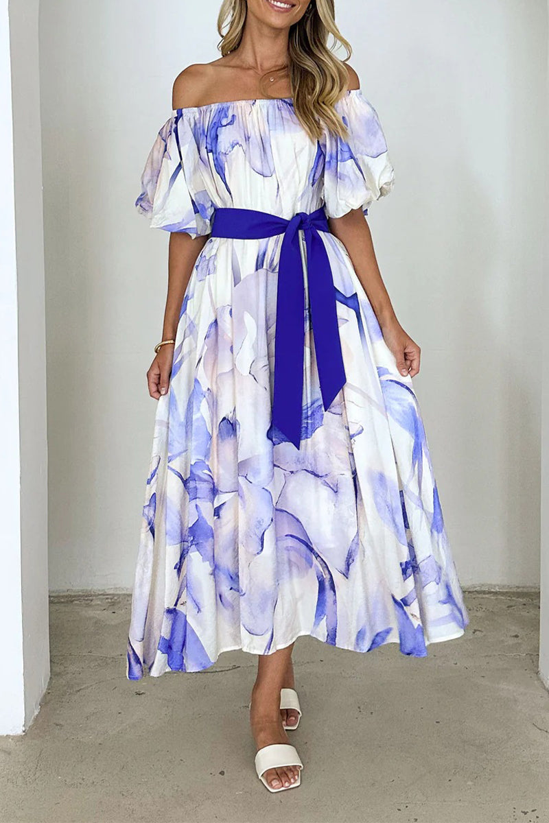 Aiertu  -Elegant Floral Print Lace Up Off Shoulder A Line Dresses aiertu