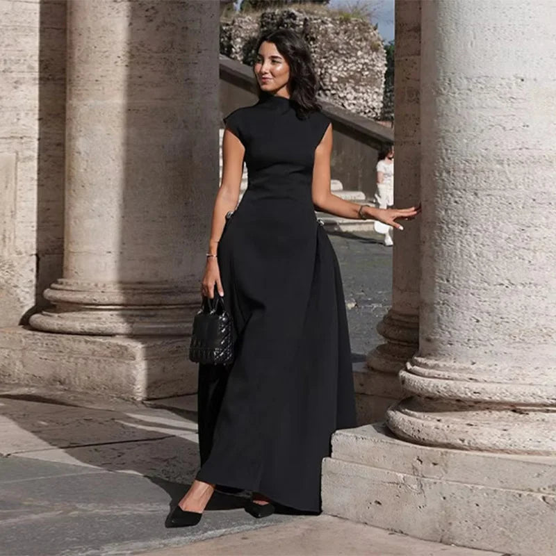 Aiertu  -  Elegant Women Slanted Collar Pleated Long Dress Solid Sleeveless Slim High Waist Loose Hem Dresses 2025 Lady Evening Party Robes Aiertu