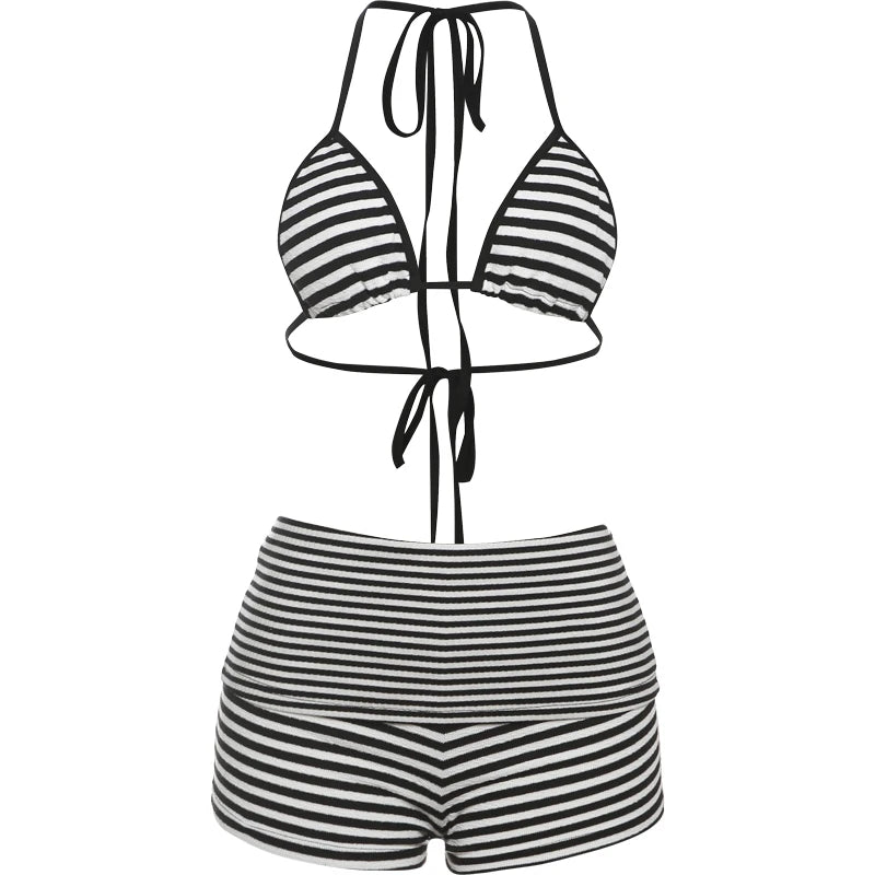 Aiertu  Thin Stripe Print Women 2 Piece Set Y2K Summer Vacation Halter Bandage Bra Tops+Shorts Matching Beach Party Clubwear Aiertu